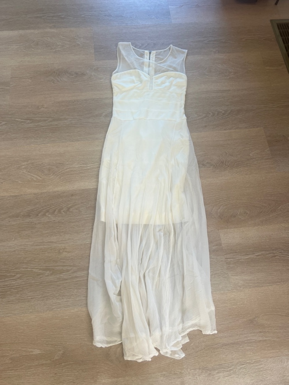BCBGMaxAzria White Sleeveless Sheer Overlay Maxi Dress